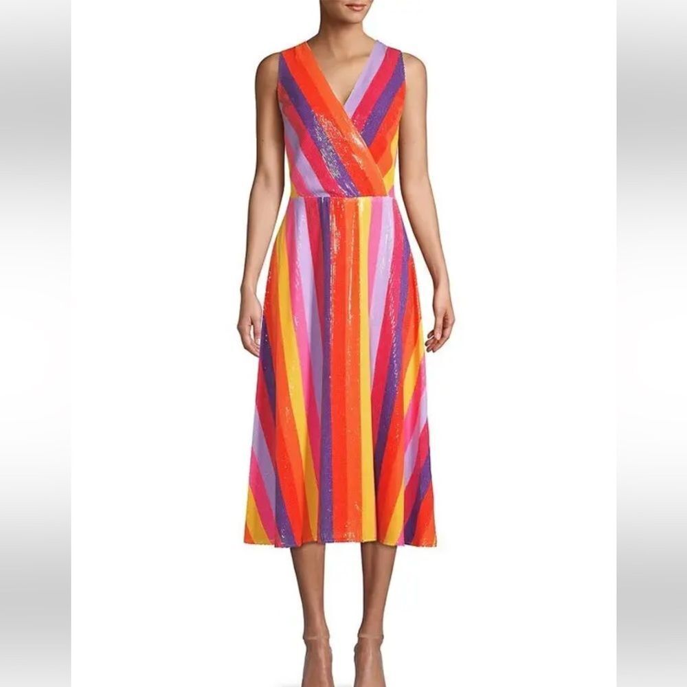 Olivia Rubin Thea Multicolor Sequin Stripe Midi Dress Size 4 Rainbow Sparkle